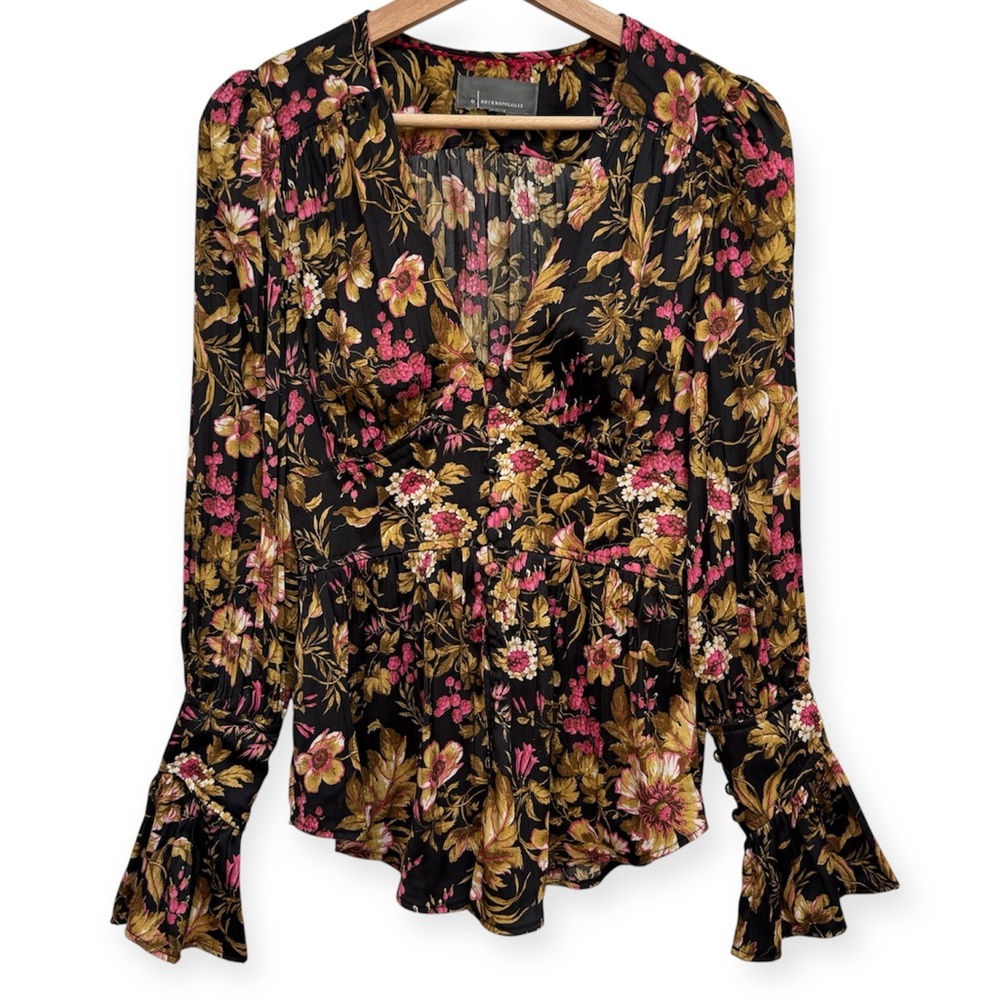 By Anthropologie Deep V Floral Long Flare Sleeve Button‎ Front Satin Blouse XS